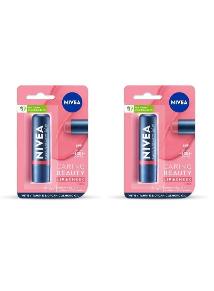 نيفيا بلسم الشفاه المرطب والملون من نيفيا برائحة الورد 4.8 جرام | ملون للشفاه والخدود مع عامل حماية من الشمس SPF 30 (عبوة من قطعتين) - Image 1